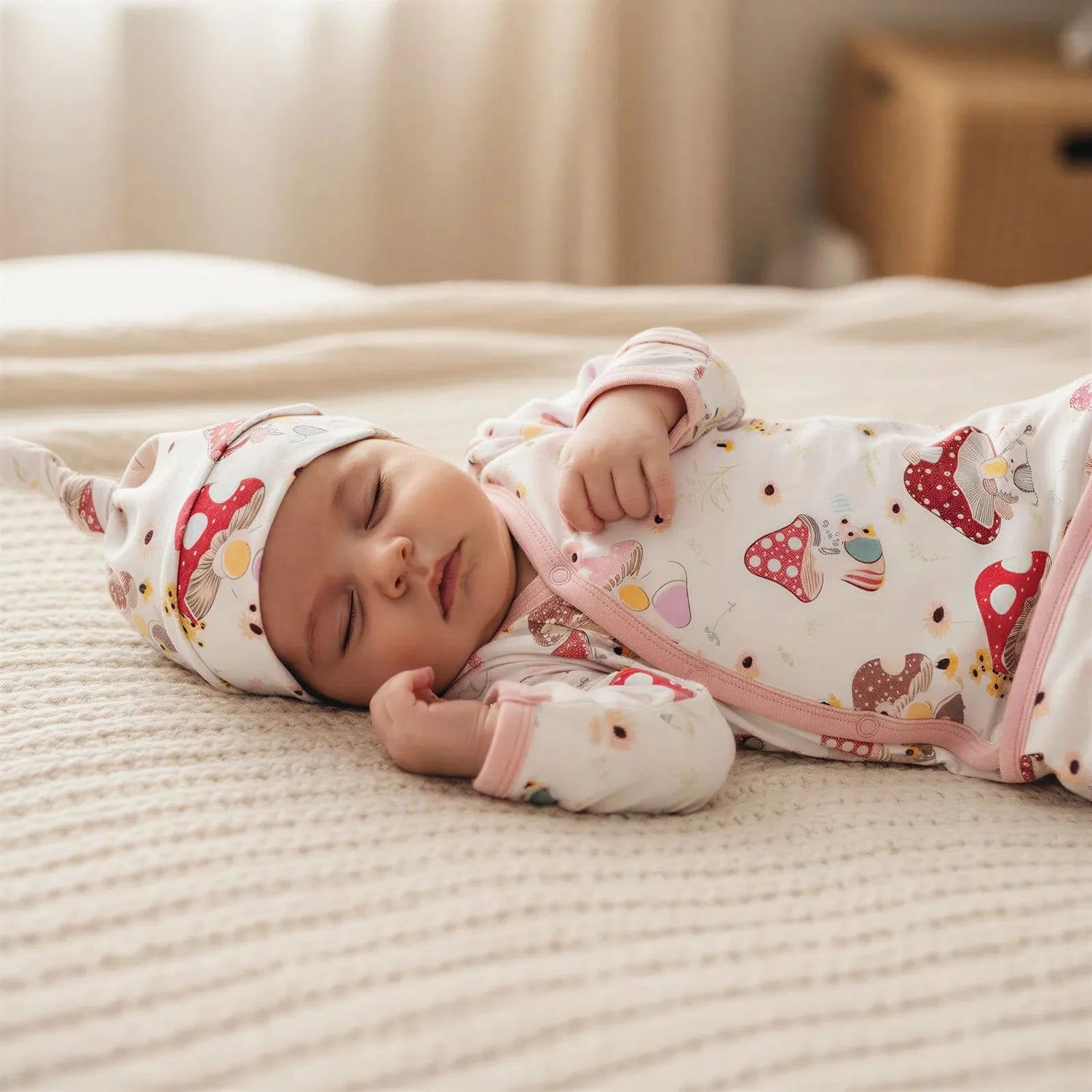 Pink baby gown and matching hat with a floral mushroom print, kimono-style front and fold-over cuffs