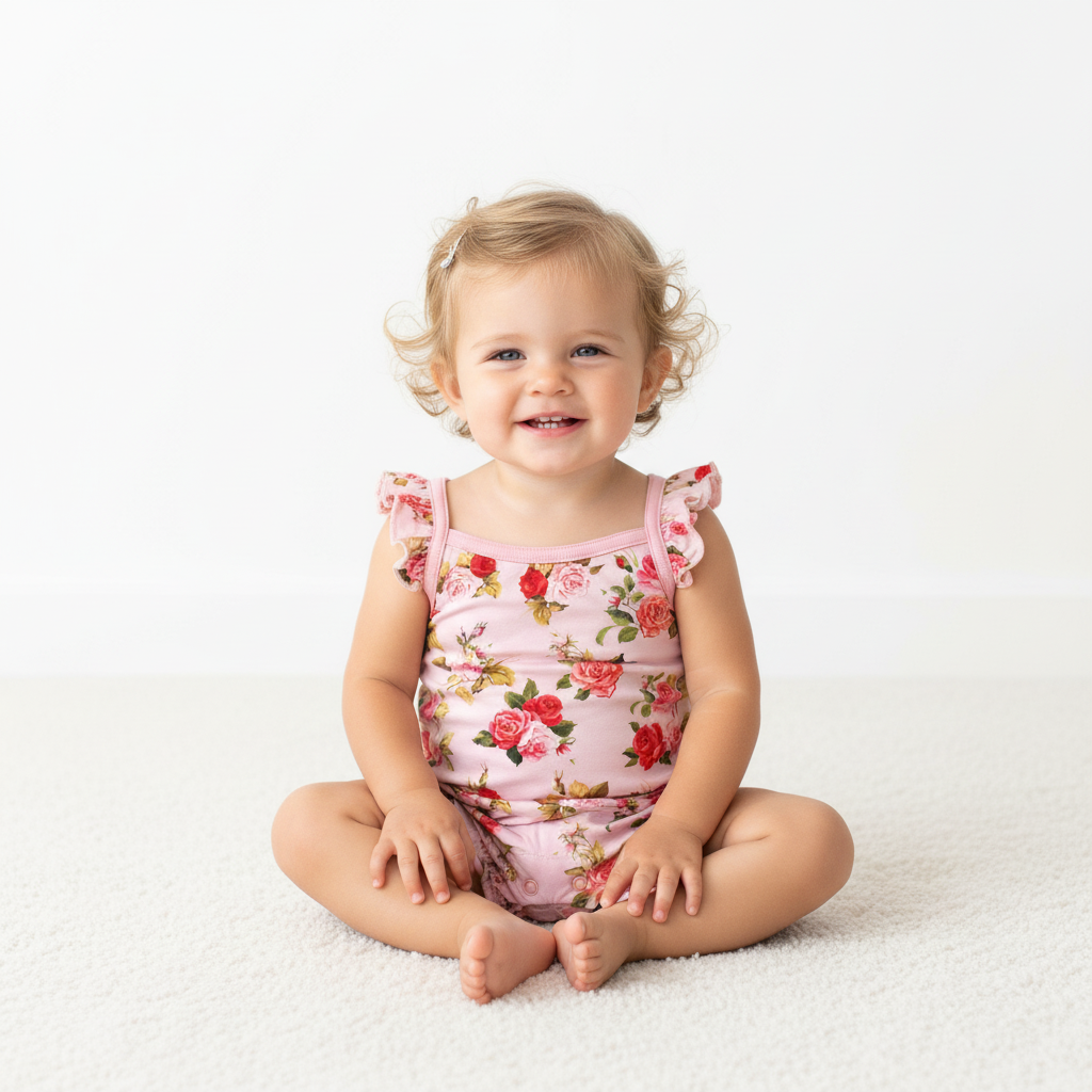 Bubble romper with rosebud print, flutter sleeves, and snaps along the legs