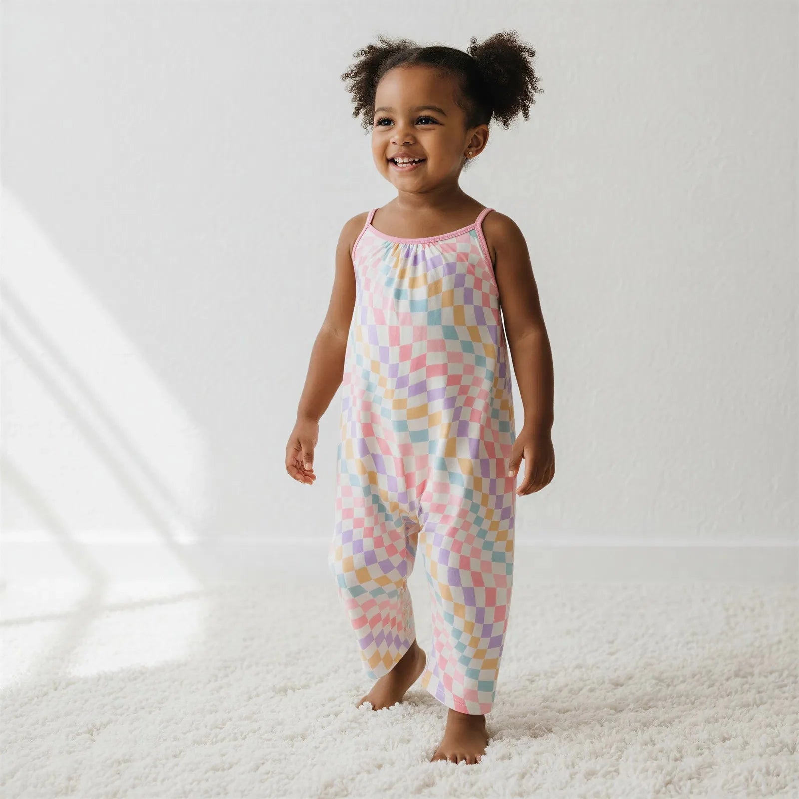 Toddler jumpsuit in pastel checked print with pockets