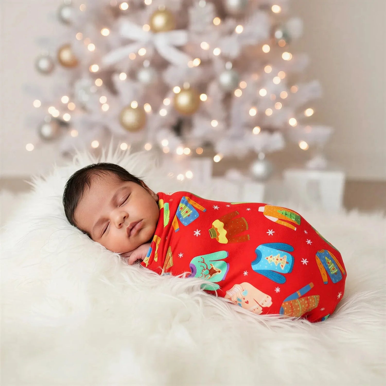 Oversized baby swaddle blanket with a festive ugly sweater party pattern