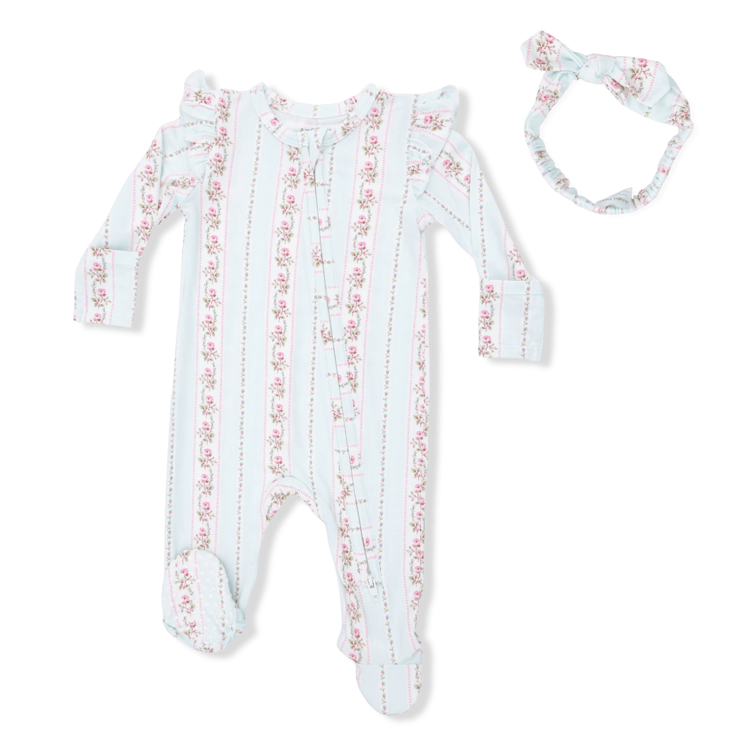 Angel Dear Antoinette Stripe - 2 Way Ruffle Sleeve Zipper Footie & Headband Set - 