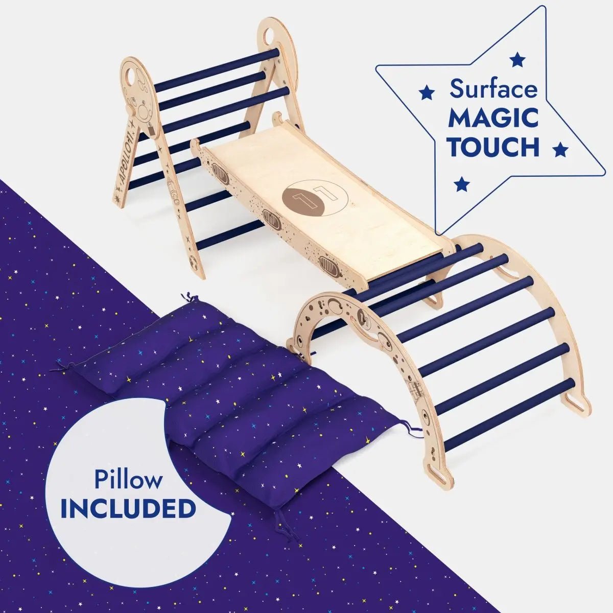 Goodevas Apollo 4in1 Climbing Set: Pikler Triangle, Arch, Slide Board, and Cushion for Little Toddlers Astronauts