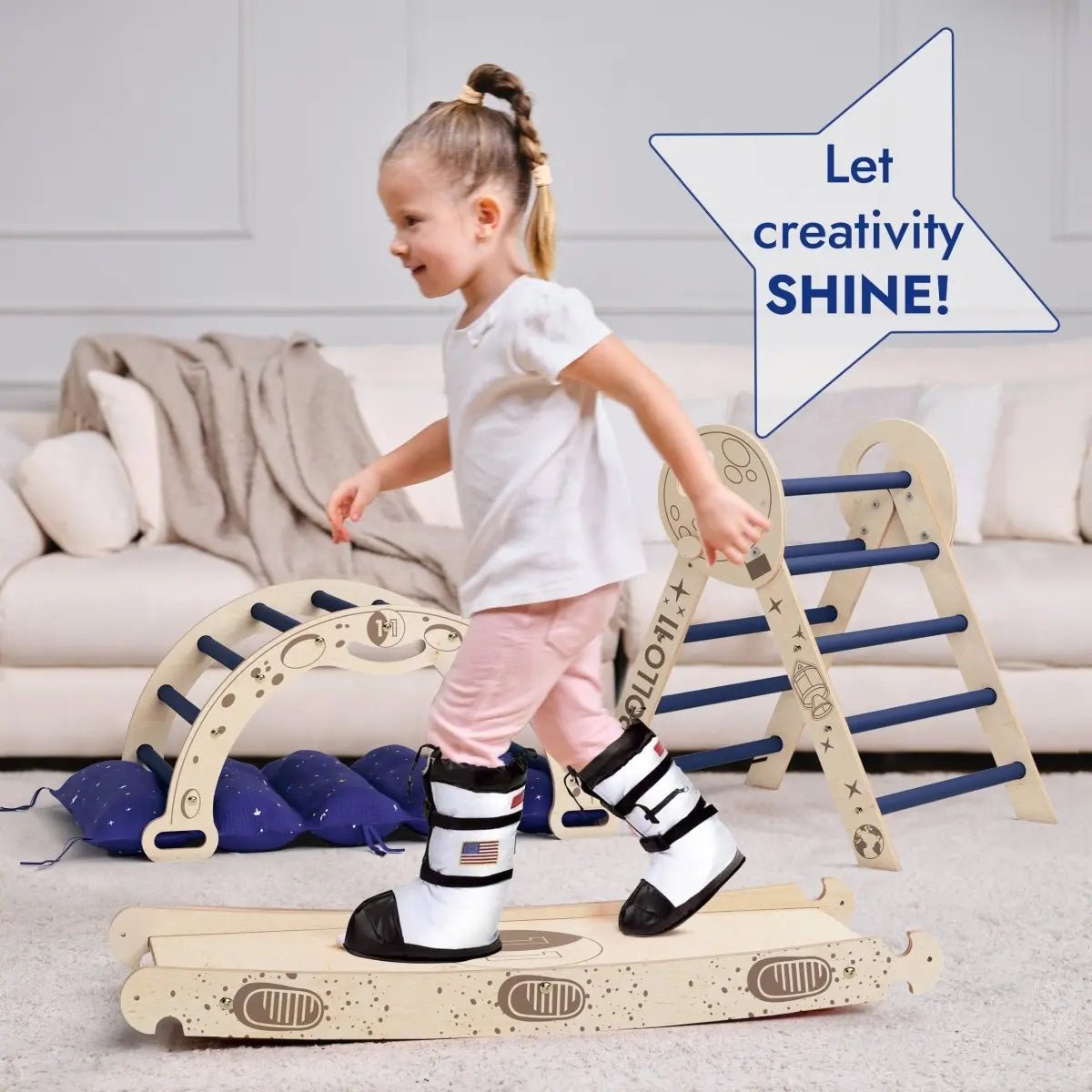 Goodevas Apollo 4in1 Climbing Set: Pikler Triangle, Arch, Slide Board, and Cushion for Little Toddlers Astronauts