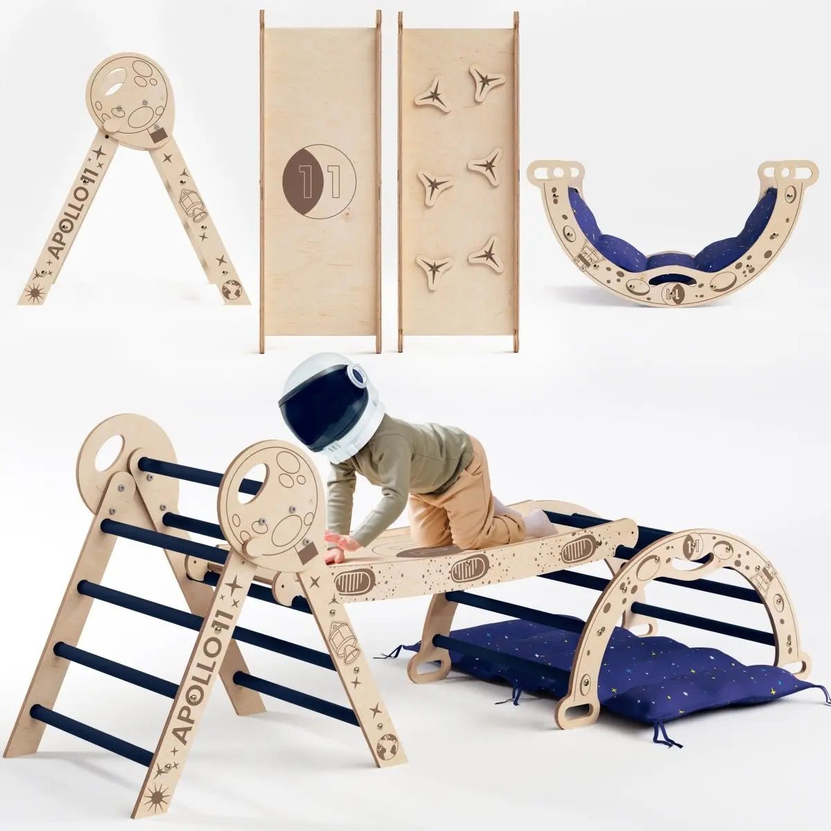 Goodevas Apollo 4in1 Climbing Set: Pikler Triangle, Arch, Slide Board, and Cushion for Little Toddlers Astronauts