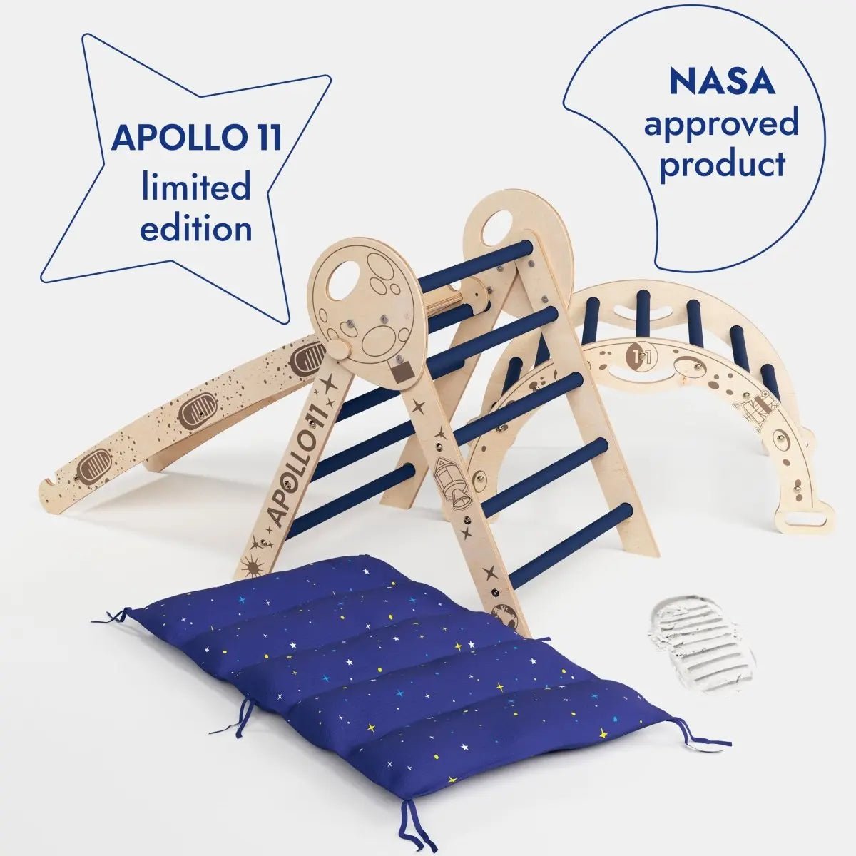 Goodevas Apollo 4in1 Climbing Set: Pikler Triangle, Arch, Slide Board, and Cushion for Little Toddlers Astronauts