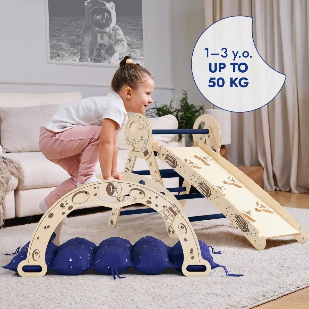 Goodevas Apollo 4in1 Climbing Set: Pikler Triangle, Arch, Slide Board, and Cushion for Little Toddlers Astronauts