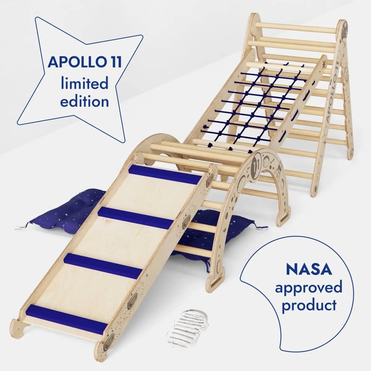 Goodevas Apollo 5in1 Climbing Set: Pikler Triangle, Net, Arch, Slide Board, and Cushion for Little Astronauts