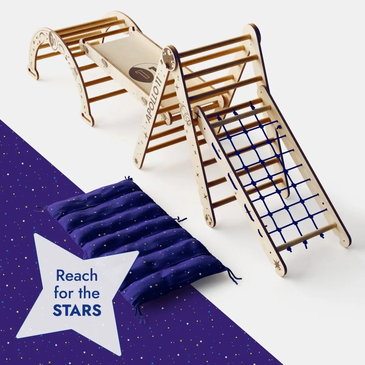 Goodevas Apollo 5in1 Climbing Set: Pikler Triangle, Net, Arch, Slide Board, and Cushion for Little Astronauts