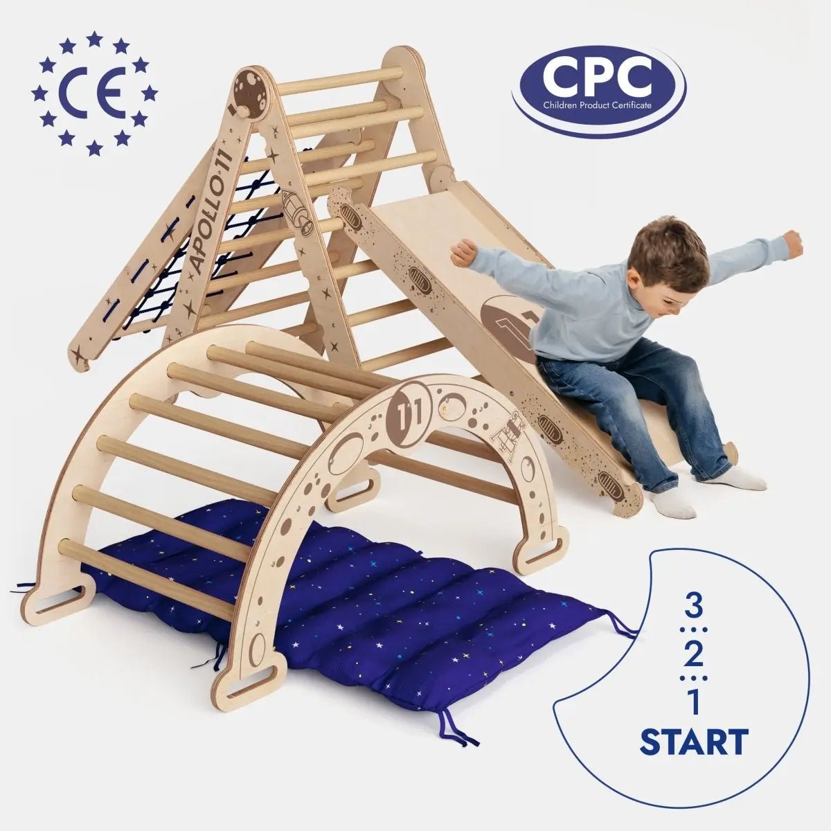 Goodevas Apollo 5in1 Climbing Set: Pikler Triangle, Net, Arch, Slide Board, and Cushion for Little Astronauts
