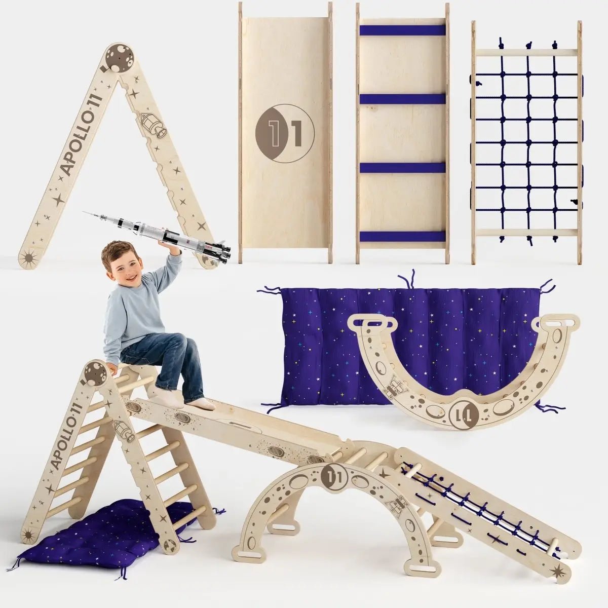 Goodevas Apollo 5in1 Climbing Set: Pikler Triangle, Net, Arch, Slide Board, and Cushion for Little Astronauts