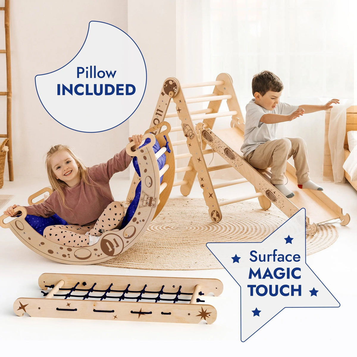 Goodevas Apollo 5in1 Climbing Set: Pikler Triangle, Net, Arch, Slide Board, and Cushion for Little Astronauts