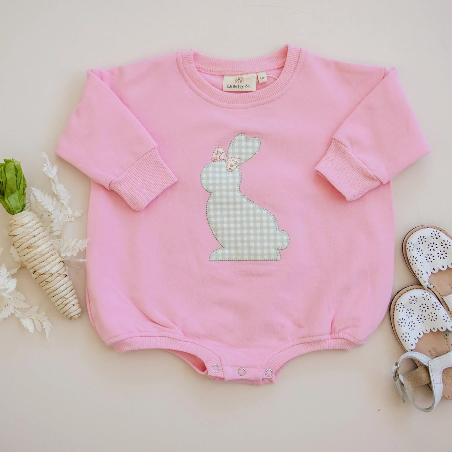 Little Joy Co. Applique Bunny Sweatshirt Romper - Infant Baby Toddler Girl - Easter Outfit - 