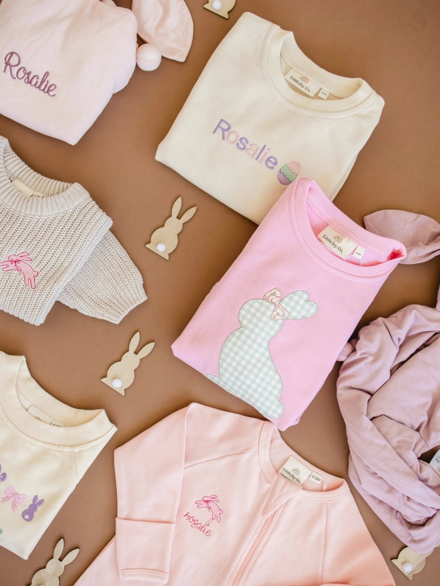 Little Joy Co. Applique Bunny Sweatshirt Romper With Embroidered Bow - Everetts Place Boutique - 