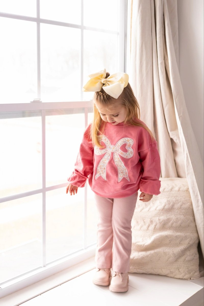 Little Joy Co. Applique Floral Bow Crewneck Sweatshirt Soft Cozy Warm - Everetts Place Boutique - 