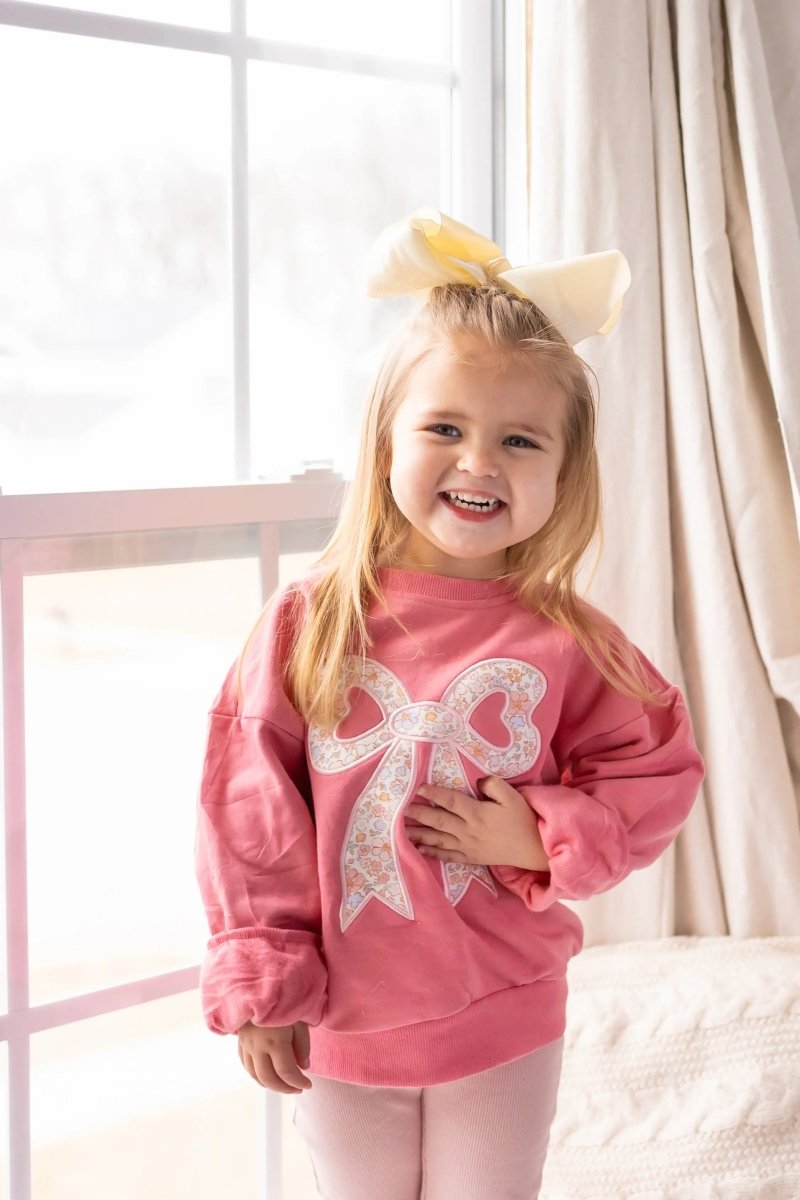 Little Joy Co. Applique Floral Bow Crewneck Sweatshirt Soft Cozy Warm - Everetts Place Boutique - 