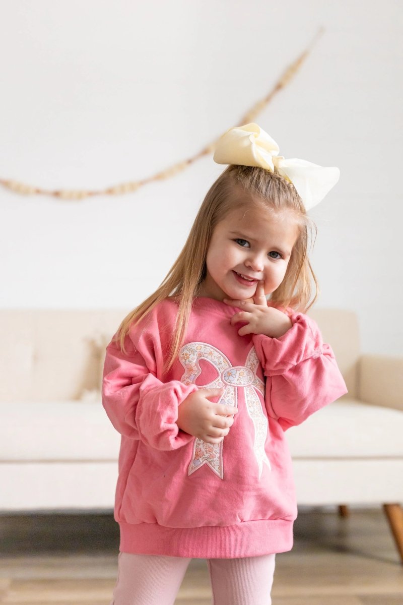 Applique Floral Bow Crewneck Sweatshirt Soft Cozy Warm - Everetts Place Boutique - 