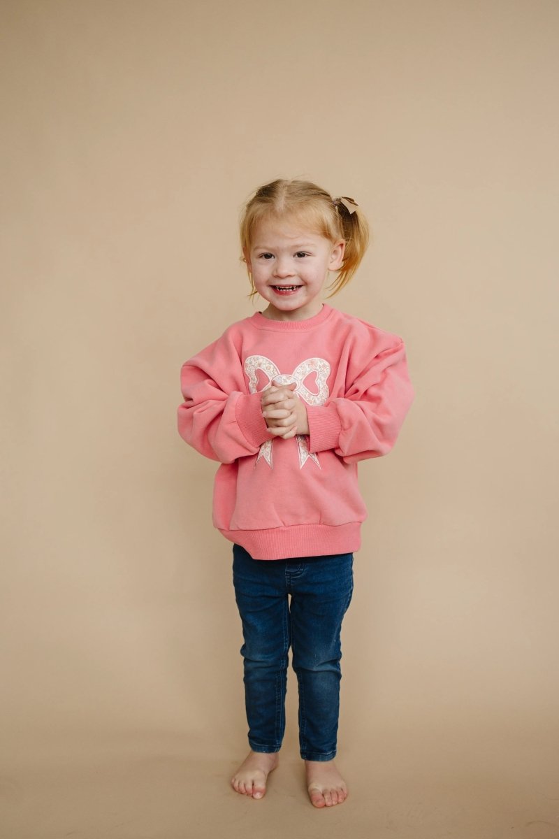 Little Joy Co. Applique Floral Bow Crewneck Sweatshirt Soft Cozy Warm - Everetts Place Boutique - 