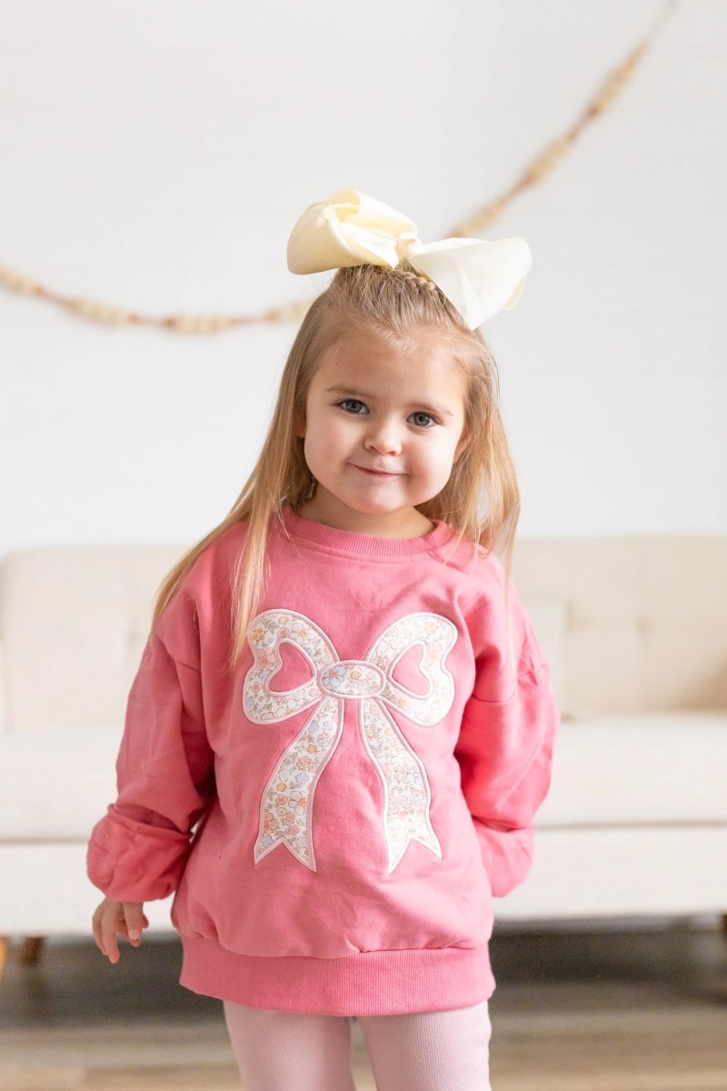 Little Joy Co. Applique Floral Bow Crewneck Sweatshirt Soft Cozy Warm - Everetts Place Boutique - 