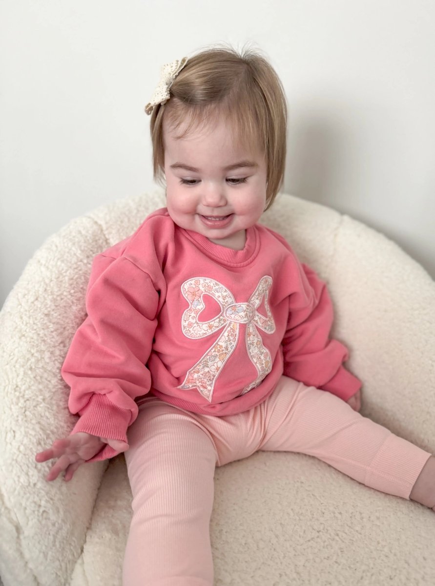 Little Joy Co. Applique Floral Bow Crewneck Sweatshirt Soft Cozy Warm - Everetts Place Boutique - 
