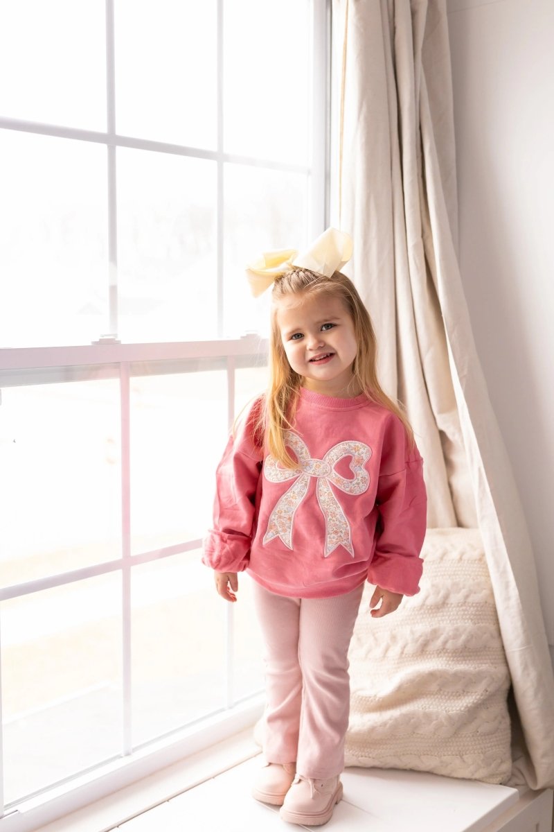 Little Joy Co. Applique Floral Bow Crewneck Sweatshirt Soft Cozy Warm - Everetts Place Boutique - 