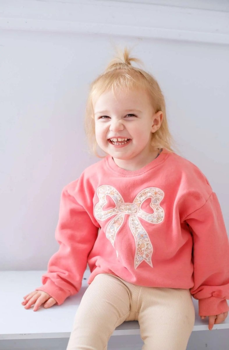 Applique Floral Bow Crewneck Sweatshirt Soft Cozy Warm - Everetts Place Boutique - 