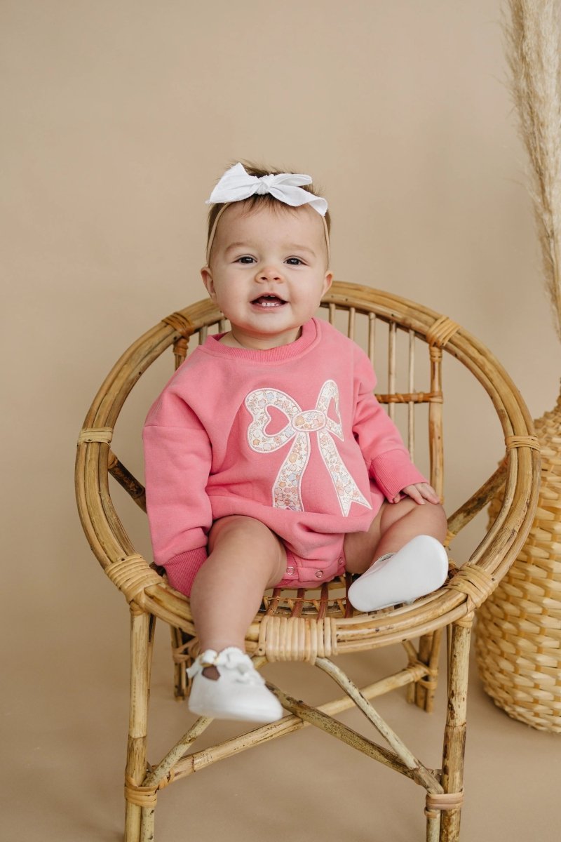 Little Joy Co. Applique Floral Bow Sweatshirt Romper Cozy Winter Wear - Everetts Place Boutique - 