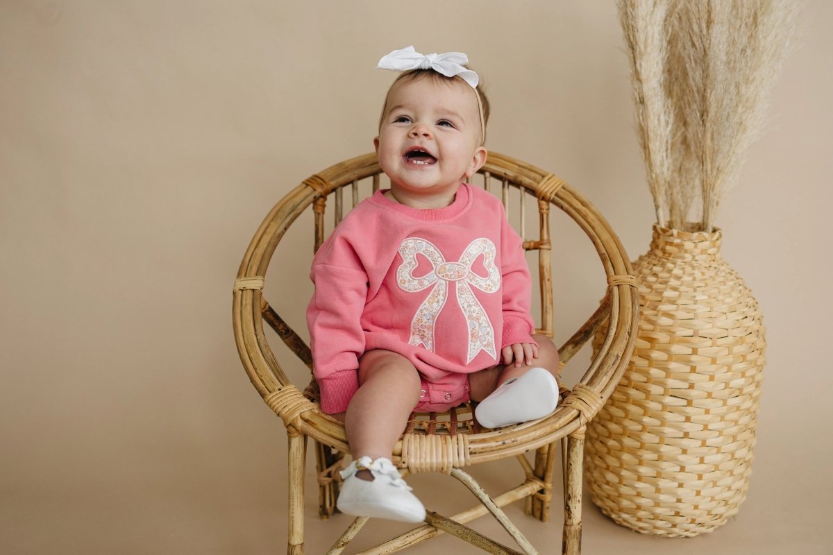 Little Joy Co. Applique Floral Bow Sweatshirt Romper Cozy Winter Wear - Everetts Place Boutique - 