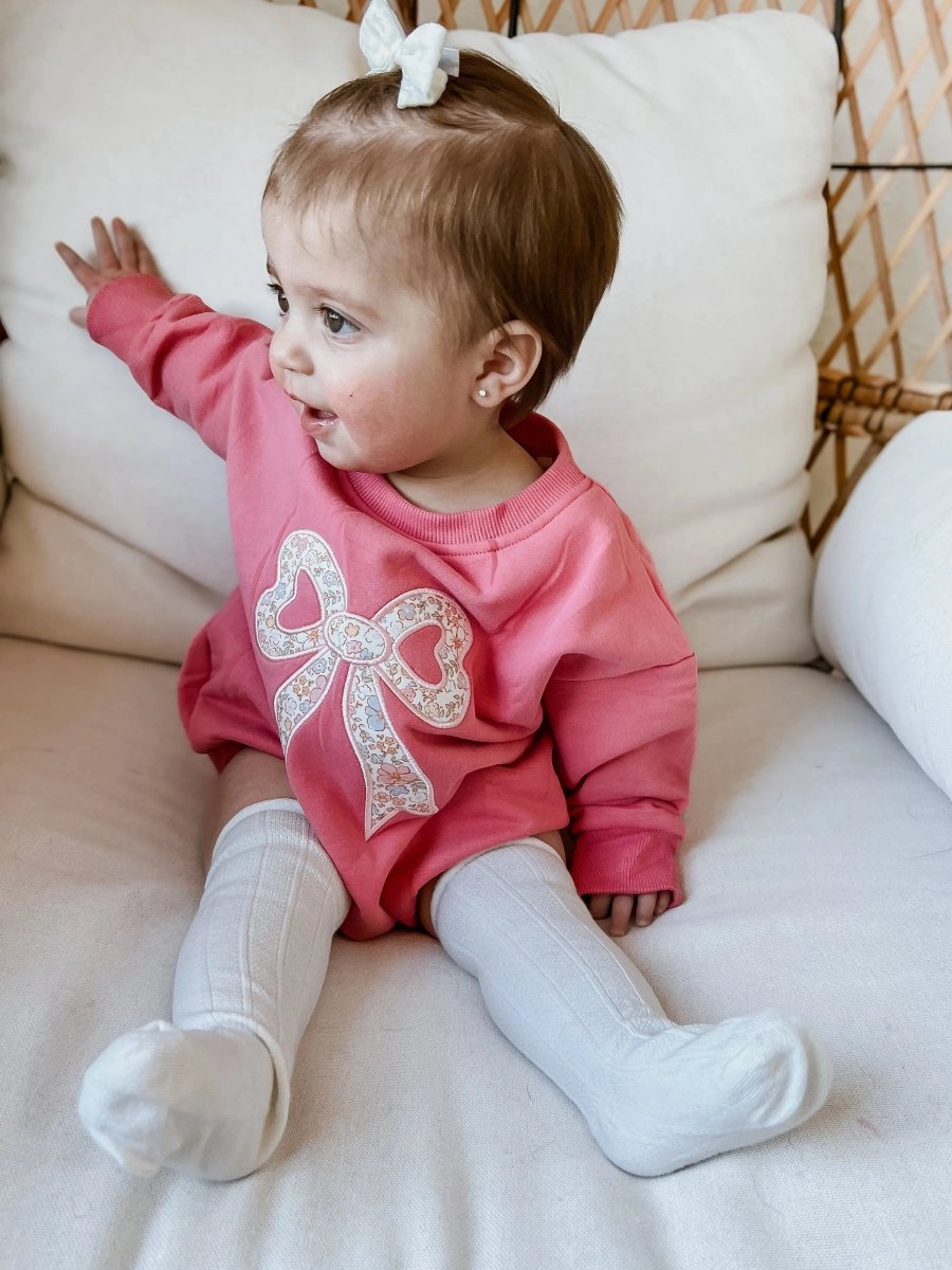 Little Joy Co. Applique Floral Bow Sweatshirt Romper Cozy Winter Wear - Everetts Place Boutique - 