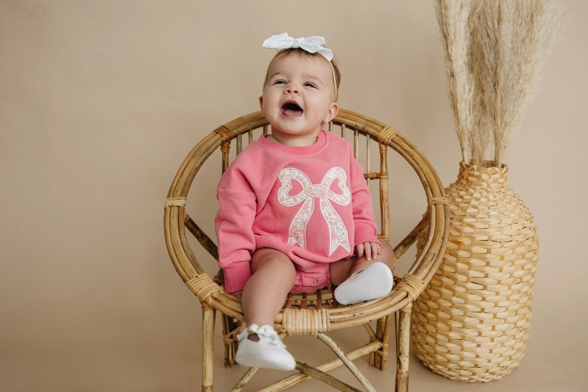 Little Joy Co. Applique Floral Bow Sweatshirt Romper Cozy Winter Wear - Everetts Place Boutique - 