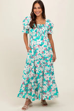 PinkBlush Aqua Floral Maternity Maxi Dress with Smocked Bodice for Expecting Mothers - 