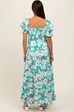PinkBlush Aqua Floral Maternity Maxi Dress with Smocked Bodice for Expecting Mothers - 