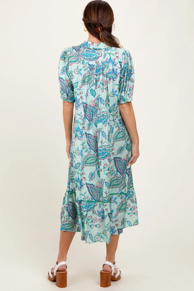 PinkBlush Aqua Paisley Midi Dress with Ruffle Hem for Stylish Daytime Wear - 