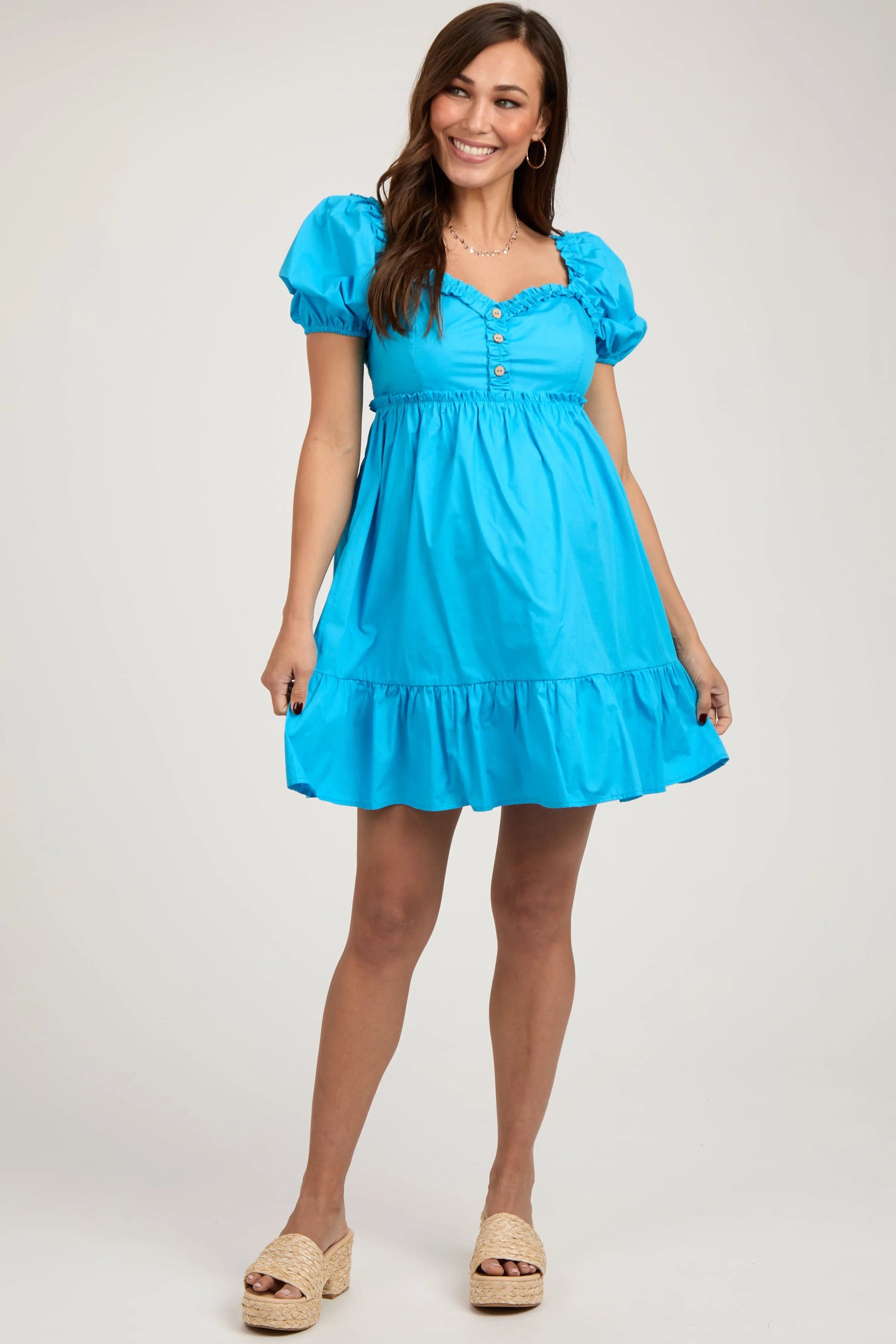 PinkBlush Aqua Puff Sleeve Ruffle Accent Maternity Mini Dress - 