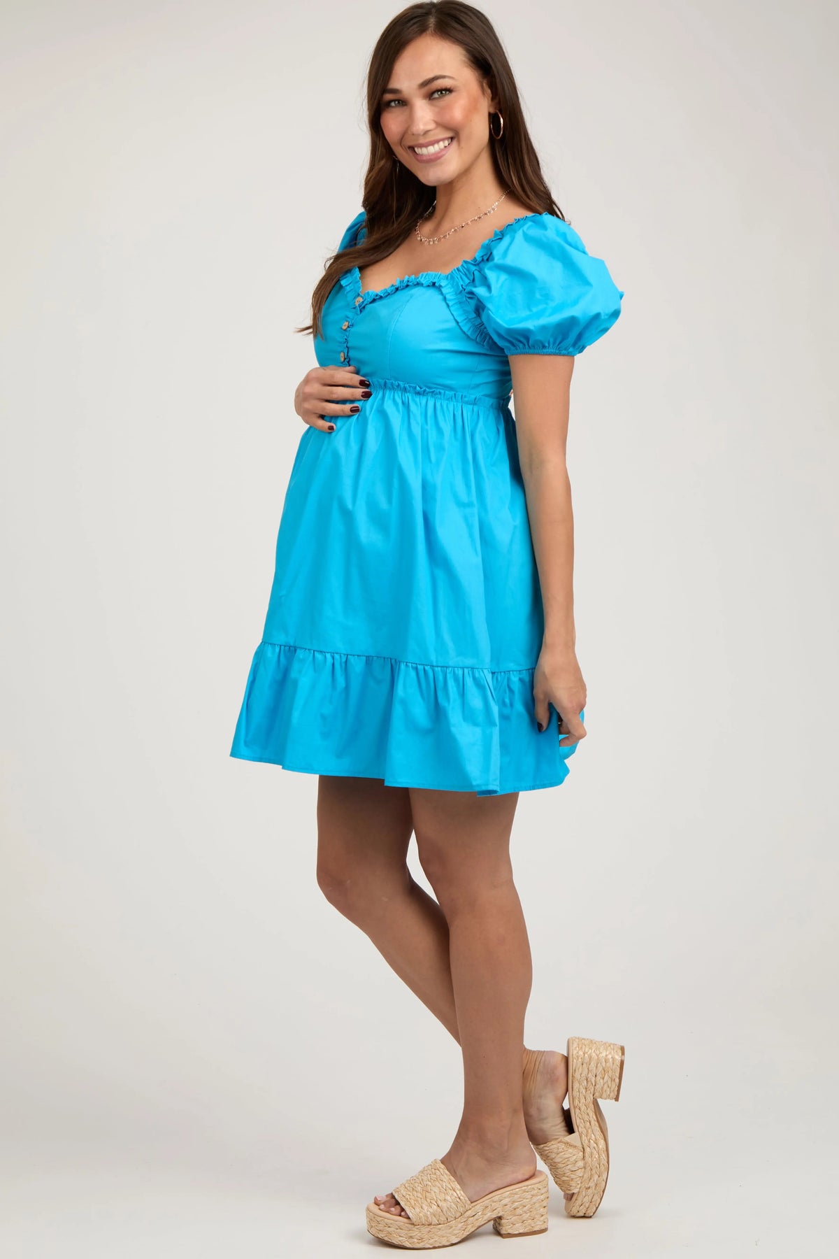 PinkBlush Aqua Puff Sleeve Ruffle Accent Maternity Mini Dress - 