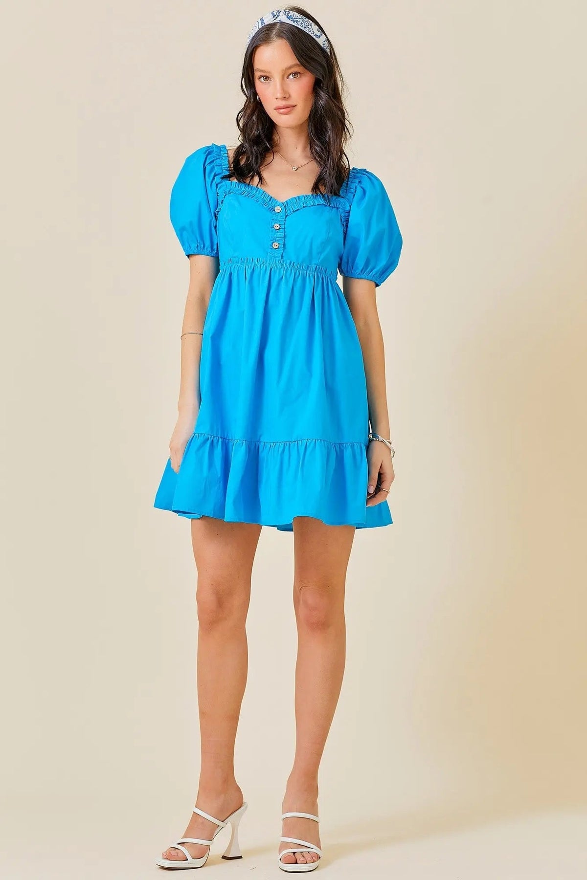 PinkBlush Aqua Puff Sleeve Ruffle Accent Mini Dress - 