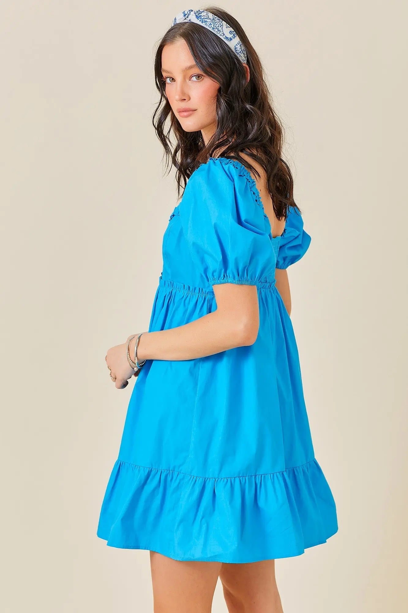 PinkBlush Aqua Puff Sleeve Ruffle Accent Mini Dress - 