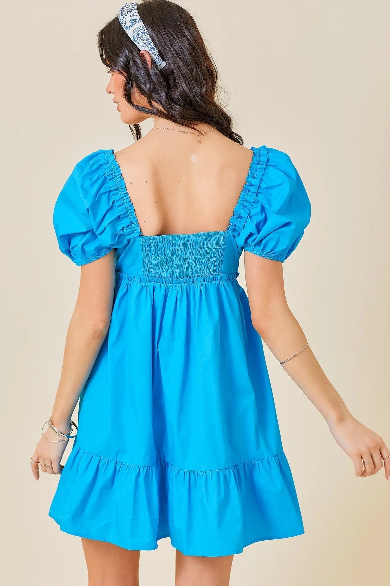 PinkBlush Aqua Puff Sleeve Ruffle Accent Mini Dress - 