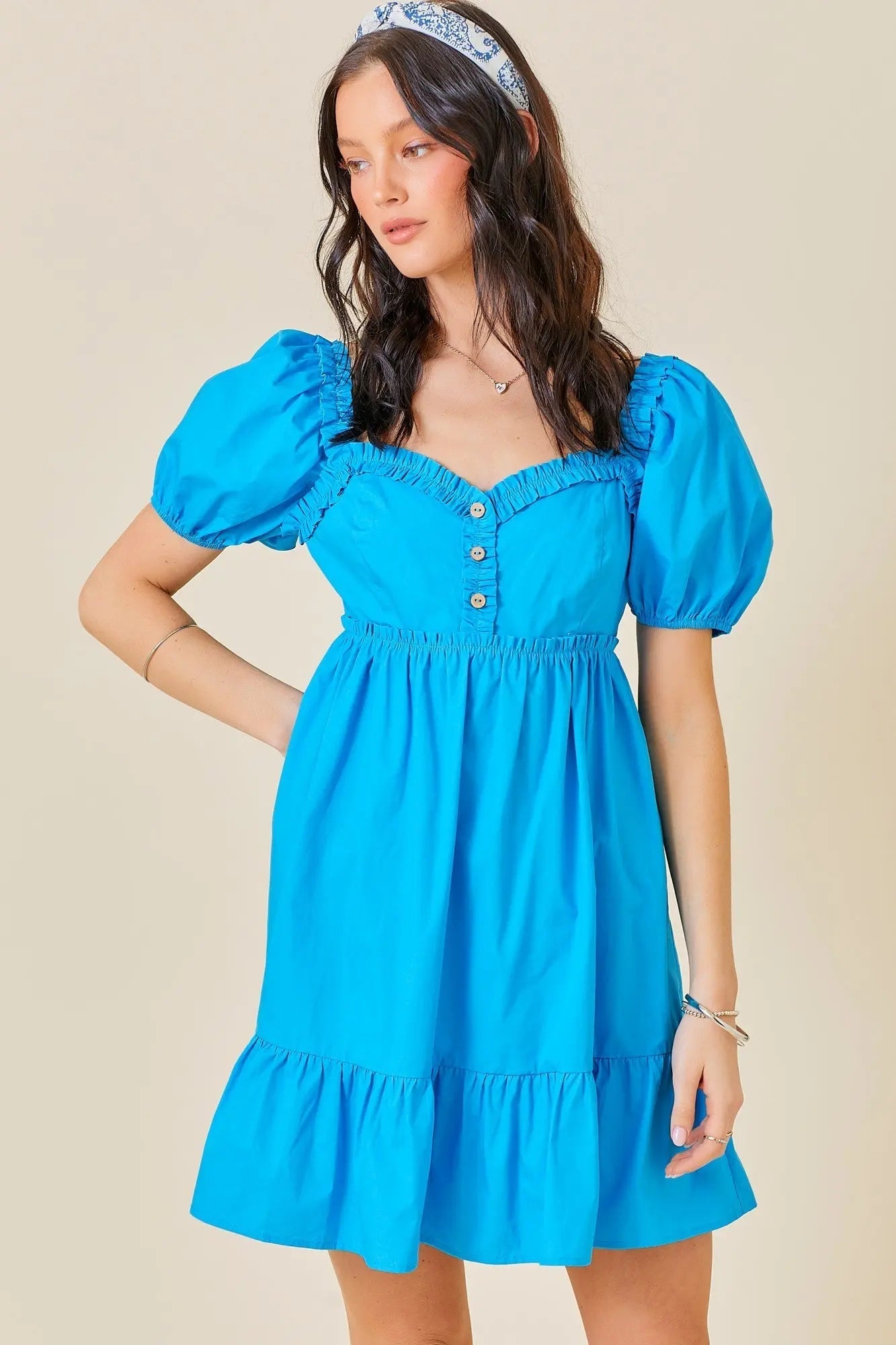 Aqua Puff Sleeve Ruffle Accent Mini Dress - Blue, Dress, Day Dress, Fashion, One-piece garment | Everetts Place