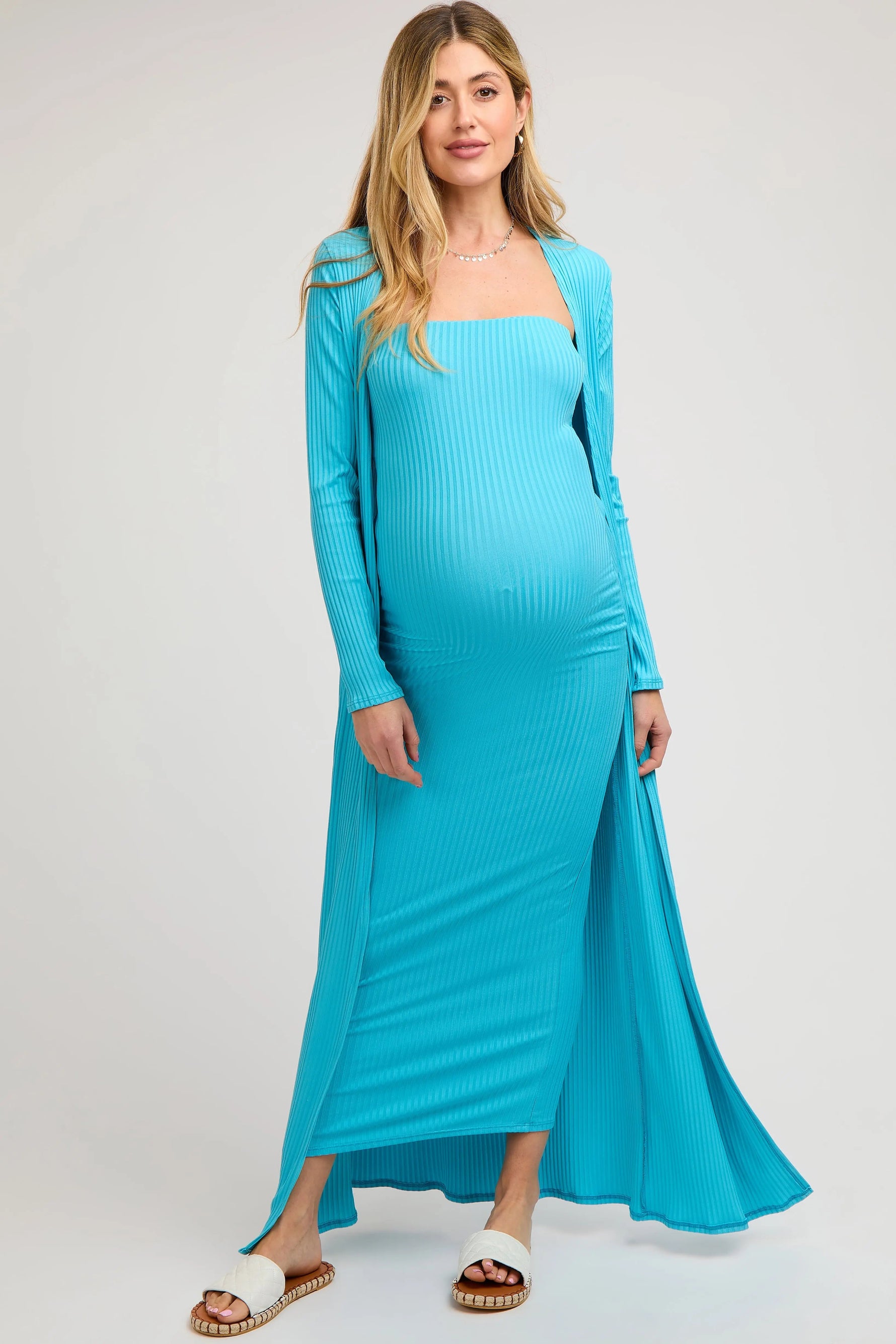PinkBlush Aqua Ribbed Sleeveless Dress Cardigan Maternity Set - 