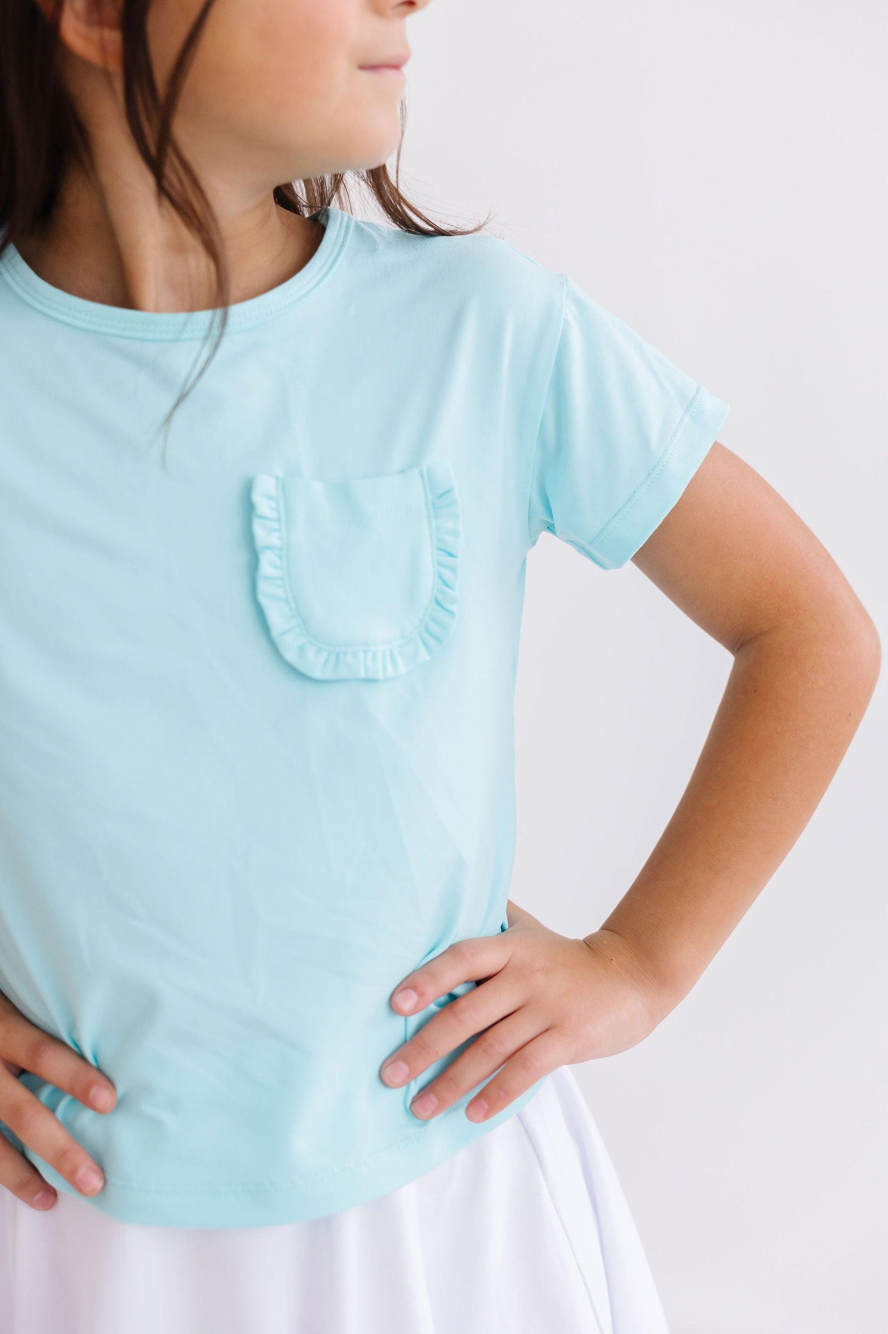 Mila & Rose ® Trendy Ruffle Pocket Tee for Girls - Box Fit, Perfect for Leggings -