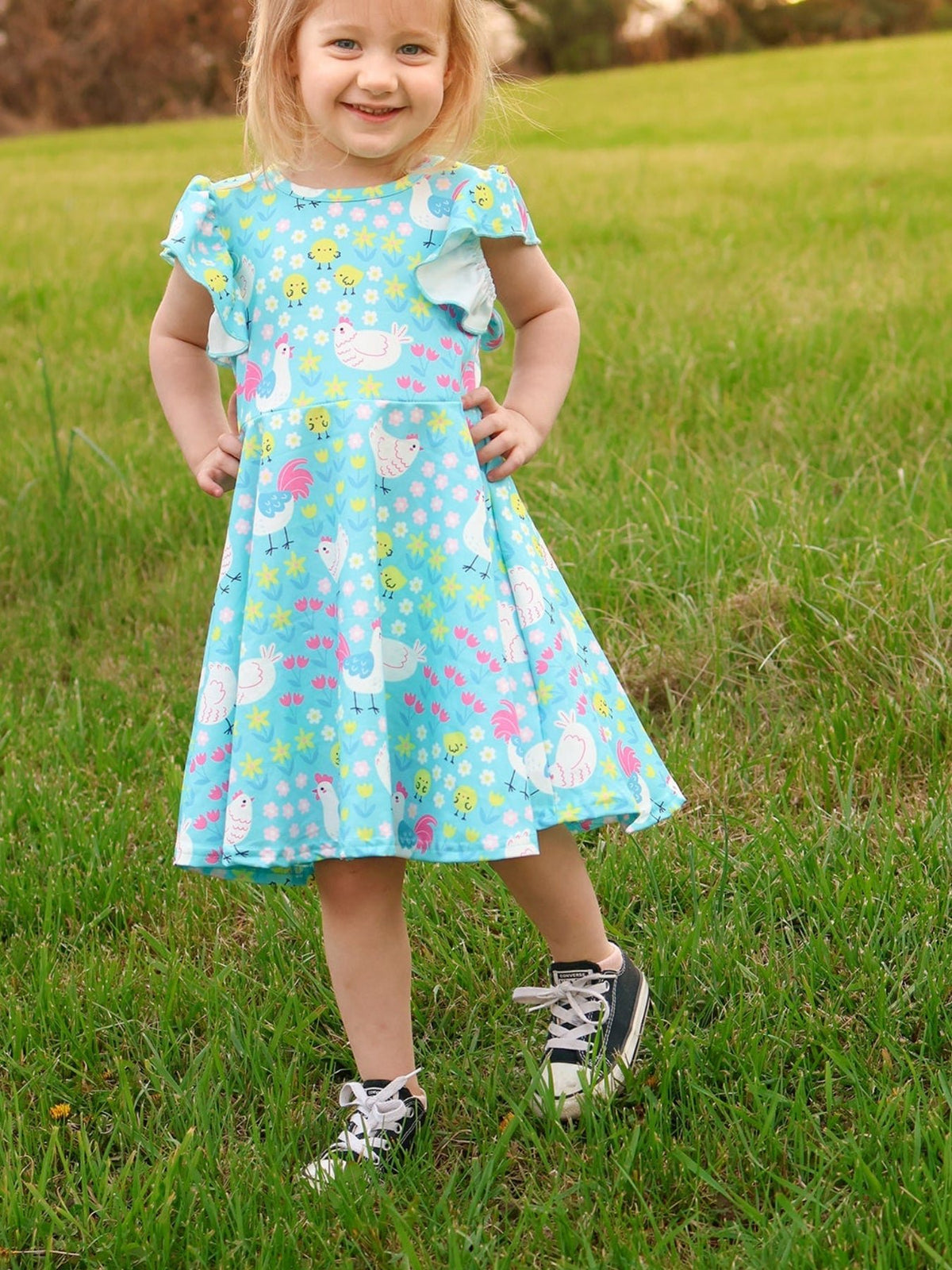 Rylee Faith Designs Aqua Spring Chicken Floral Farm Print Girls DressEveretts Place