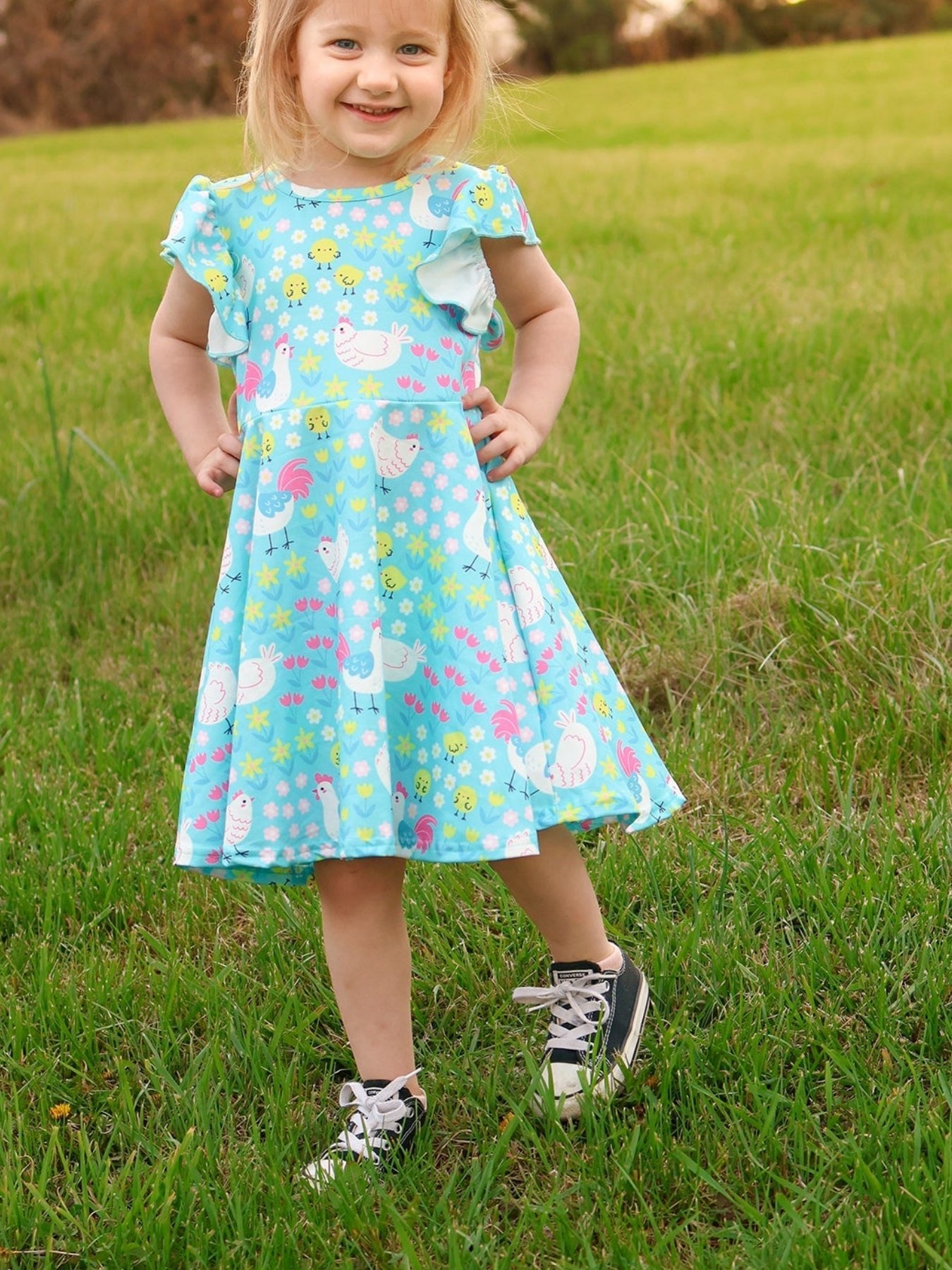 Rylee Faith Designs Aqua Spring Chicken Floral Farm Print Girls DressEveretts Place