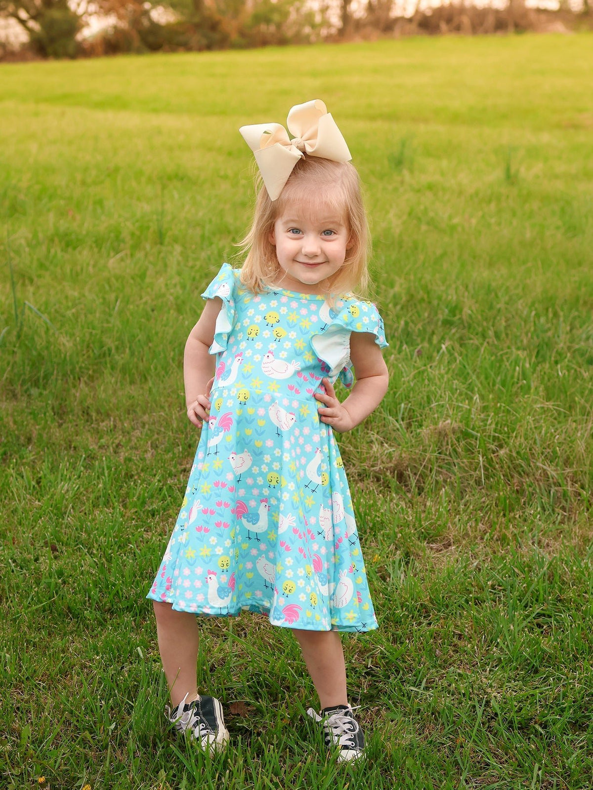 Rylee Faith Designs Aqua Spring Chicken Floral Farm Print Girls DressEveretts Place