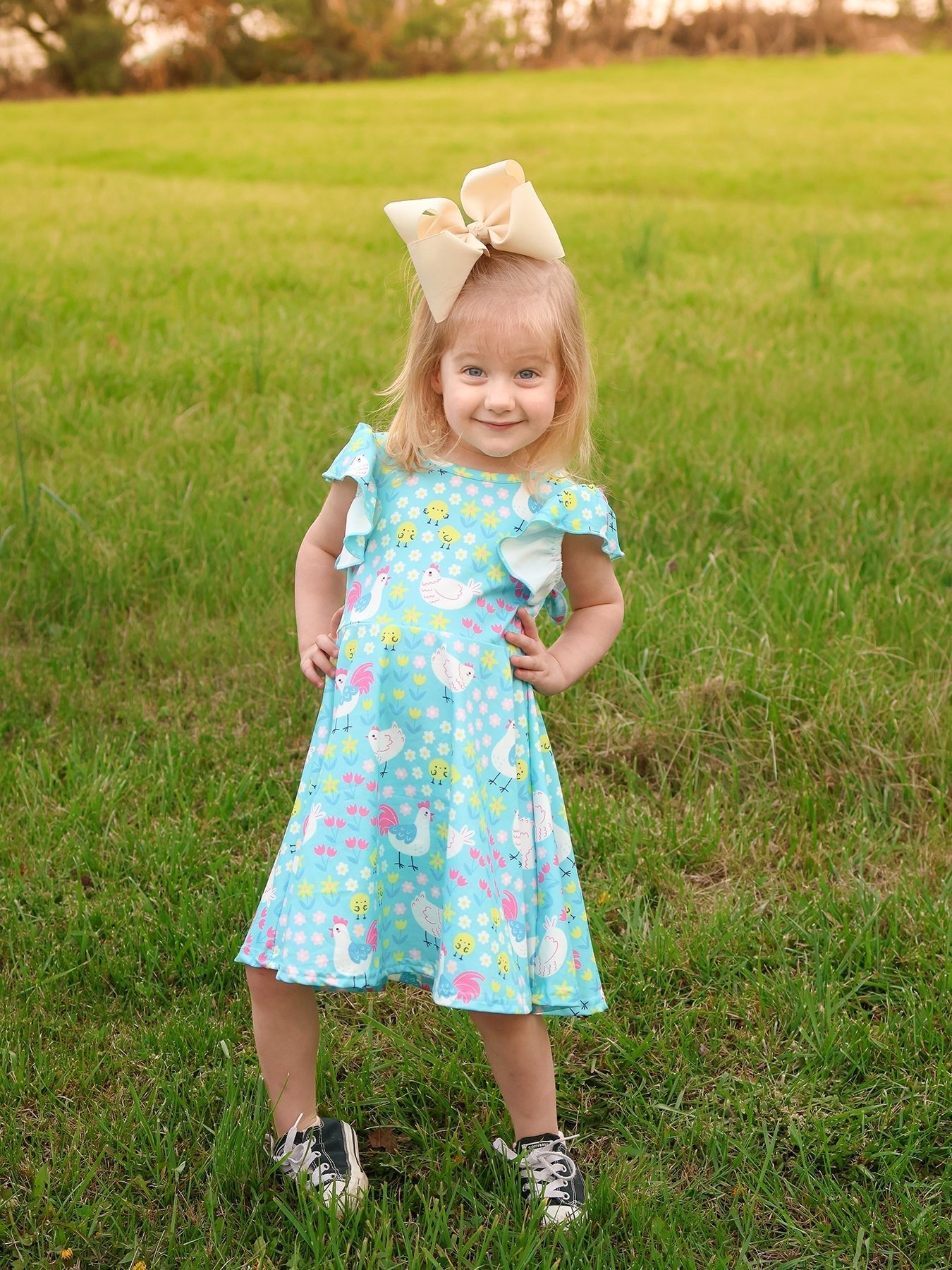 Rylee Faith Designs Aqua Spring Chicken Floral Farm Print Girls DressEveretts Place