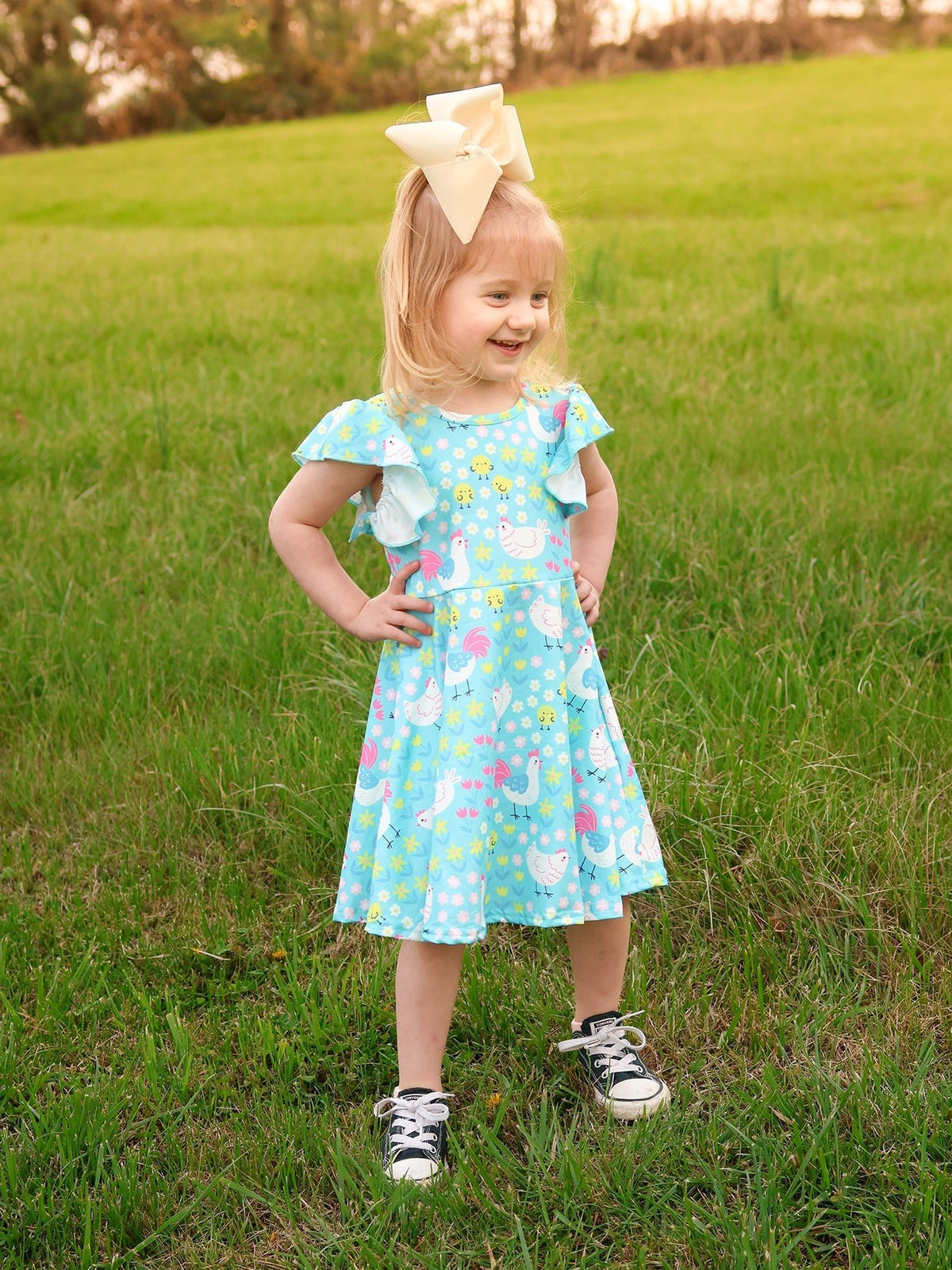 Rylee Faith Designs Aqua Spring Chicken Floral Farm Print Girls DressEveretts Place