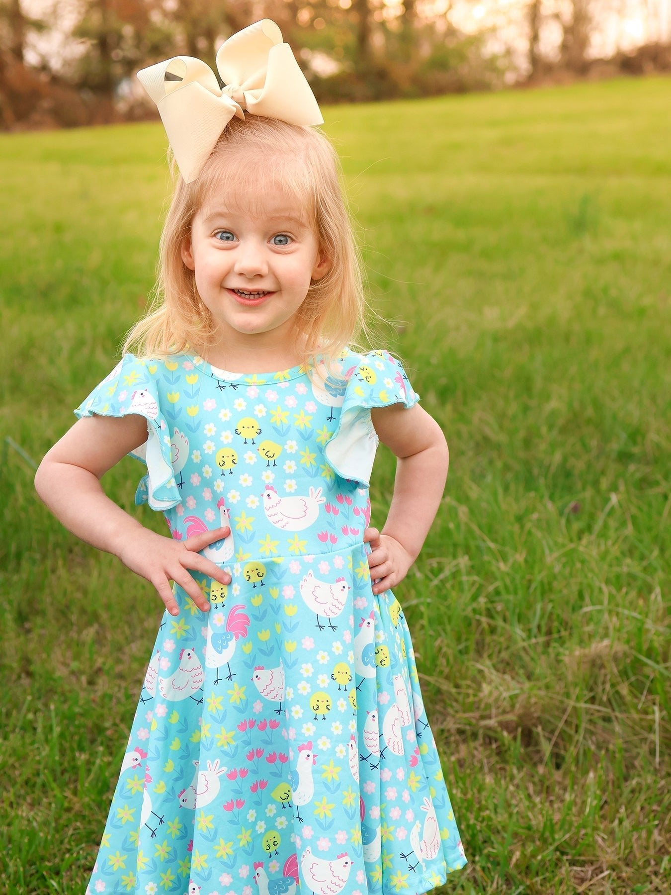 Rylee Faith Designs Aqua Spring Chicken Floral Farm Print Girls DressEveretts Place