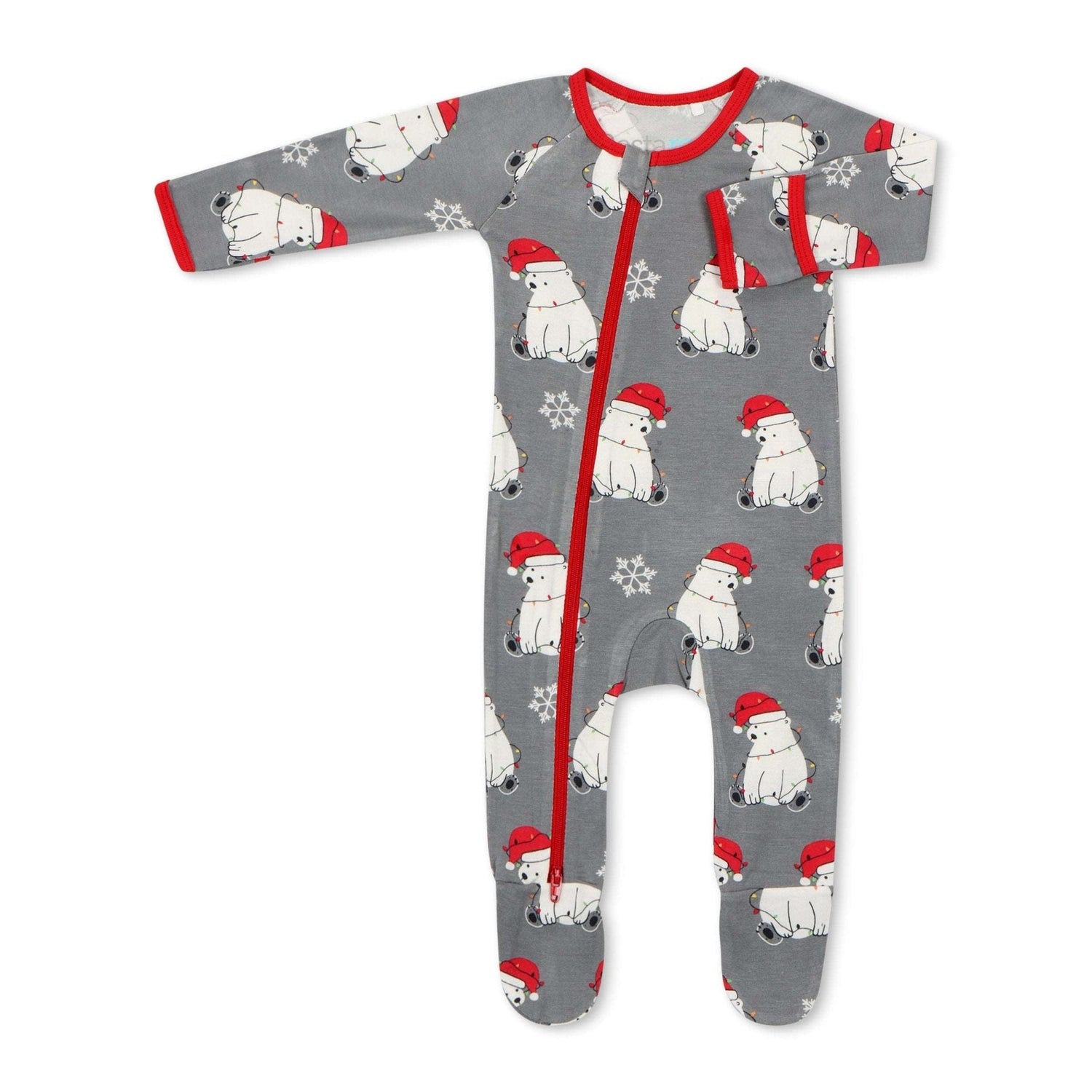 Baby footie pajamas with a bear design, footed legs, and a full-length front zipper