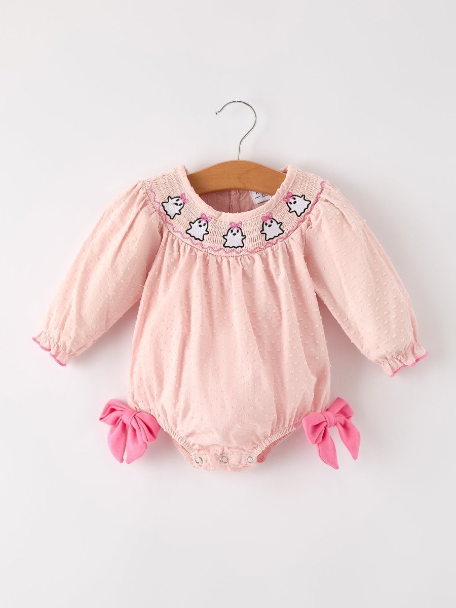 Rylee Faith Designs Autumn Halloween Pink Ghost Embroidered Floral Smock Romper - Everetts Place Boutique - 