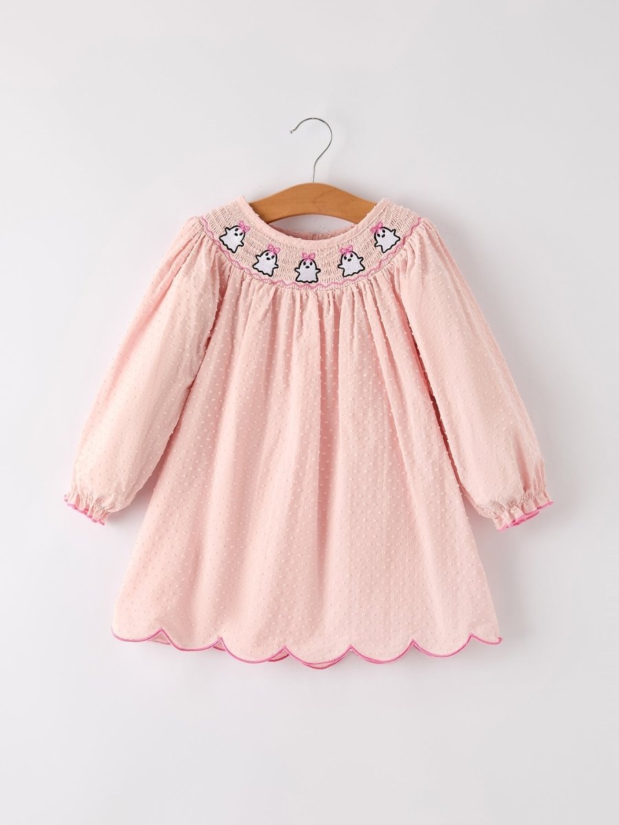 Rylee Faith Designs Autumn Halloween Pink Ghost Embroidery Smock Girl Dress - Everetts Place Boutique - 