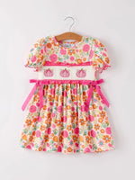 Rylee Faith Designs Autumn Halloween Thanksgiving Pumpkin Embroidery Smock Floral Girls Dress - Everetts Place Boutique - 